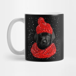 Black Labrador Wearing Red Hat And Scarf Christmas Mug